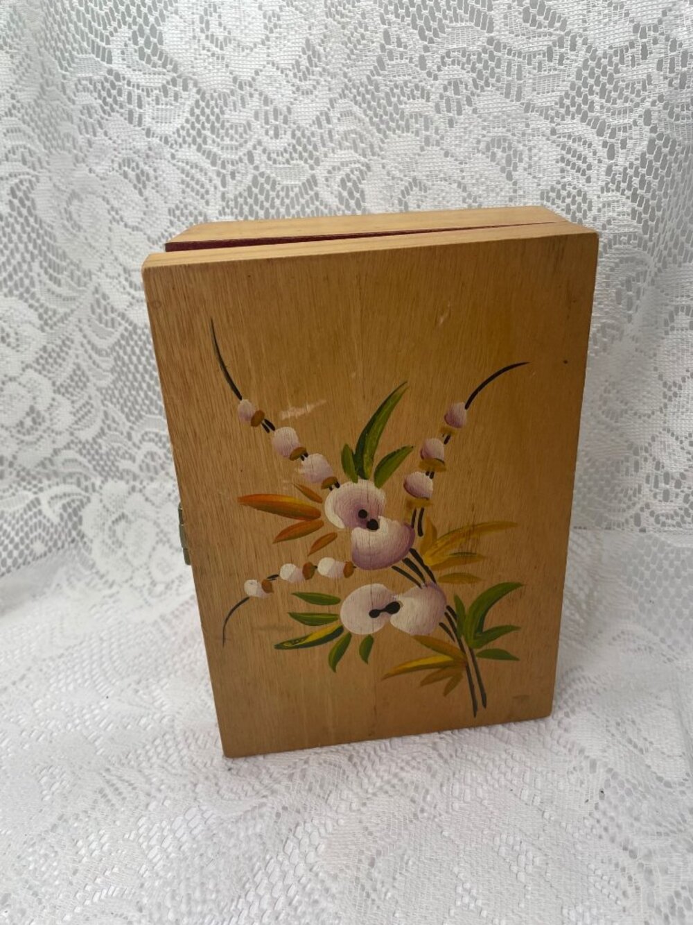 Handmade Wooden Jewelry Box With Floral Hand-Painted Design Red Felt Interior &